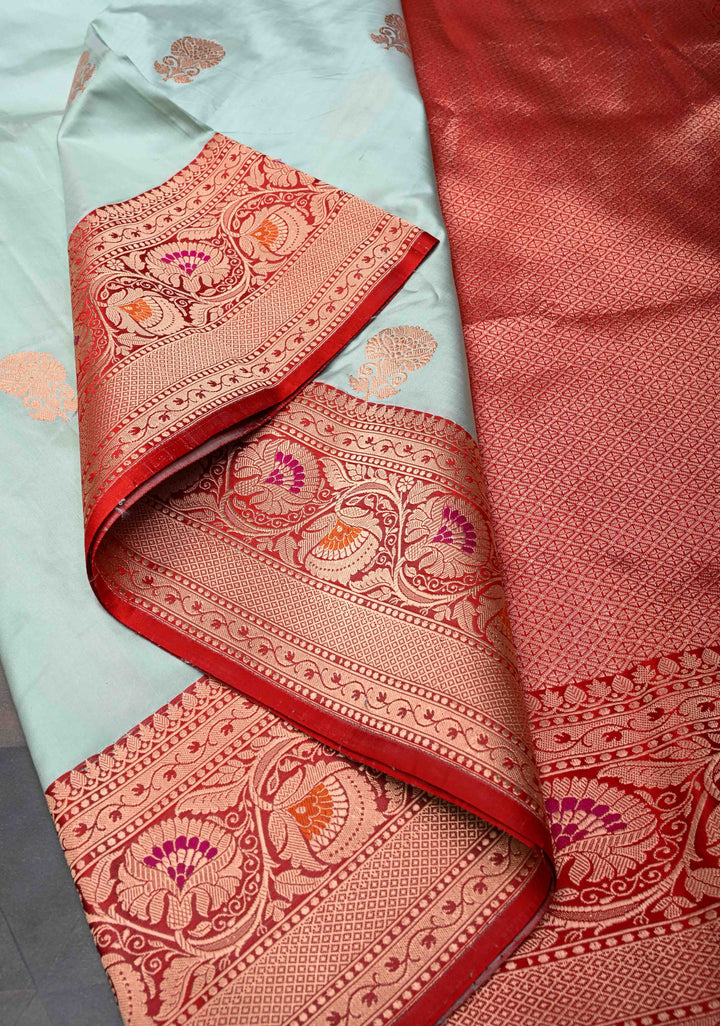 Tea Green Banarasi Katan Silk Saree with Floral Butta And  Meenakari  Border | SILK MARK CERTIFIED