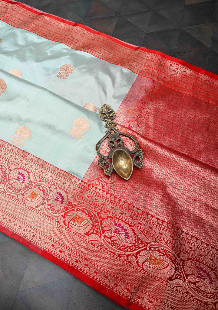 Tea Green Banarasi Katan Silk Saree with Floral Butta And  Meenakari  Border | SILK MARK CERTIFIED
