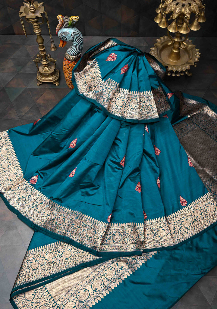 Peacock Blue Banarasi Katan Silk Saree with Meenakari Zari Butta And Zari Border | SILK MARK CERTIFIED