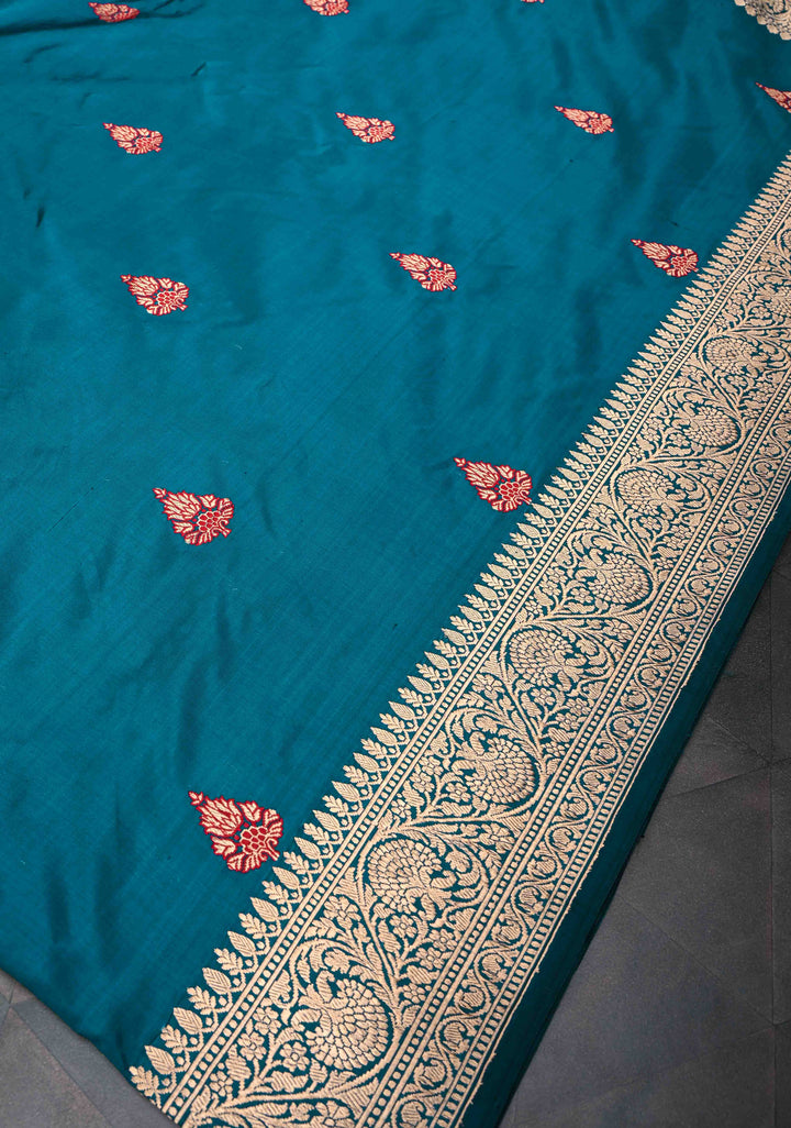Peacock Blue Banarasi Katan Silk Saree with Meenakari Zari Butta And Zari Border | SILK MARK CERTIFIED