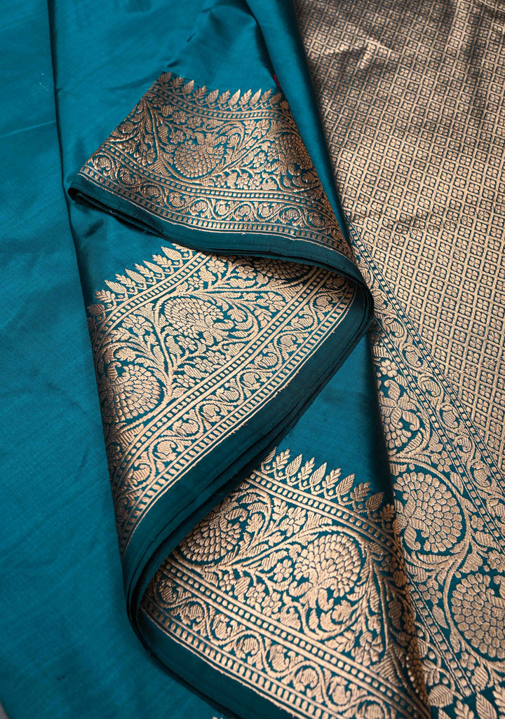 Peacock Blue Banarasi Katan Silk Saree with Meenakari Zari Butta And Zari Border | SILK MARK CERTIFIED