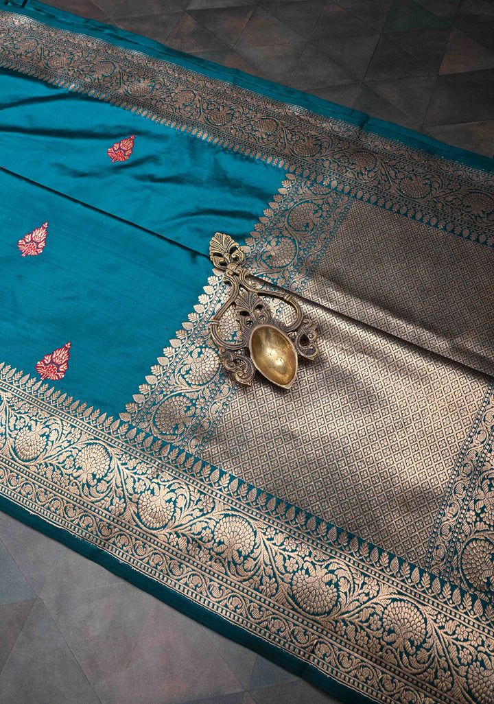 Peacock Blue Banarasi Katan Silk Saree with Meenakari Zari Butta And Zari Border | SILK MARK CERTIFIED