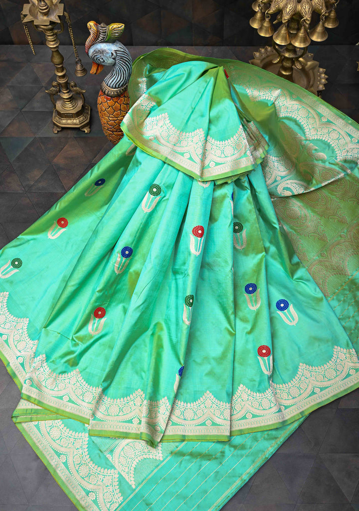 Sea Green Dual Tone Banarasi Katan Silk Saree with Meenakari Zari Buttas And Scalloped Zari Border | SILK MARK CERTIFIED