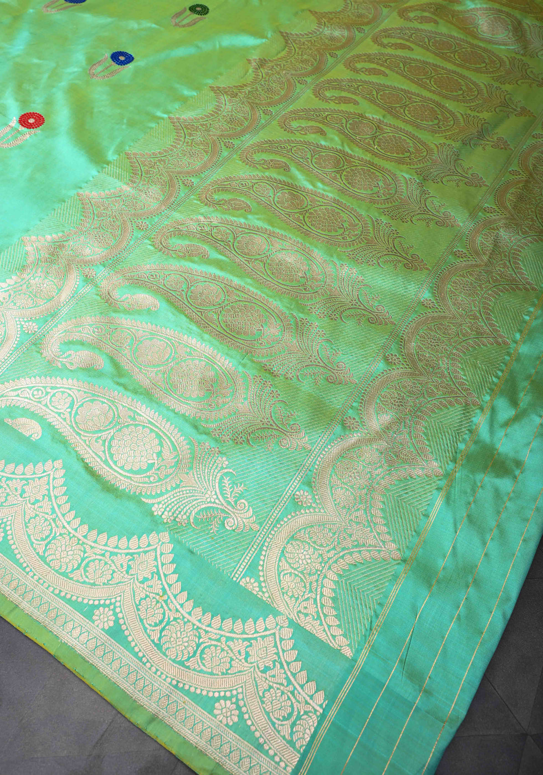 Sea Green Dual Tone Banarasi Katan Silk Saree with Meenakari Zari Buttas And Scalloped Zari Border | SILK MARK CERTIFIED