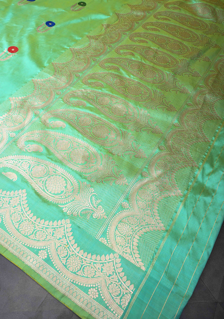 Sea Green Dual Tone Banarasi Katan Silk Saree with Meenakari Zari Buttas And Scalloped Zari Border | SILK MARK CERTIFIED