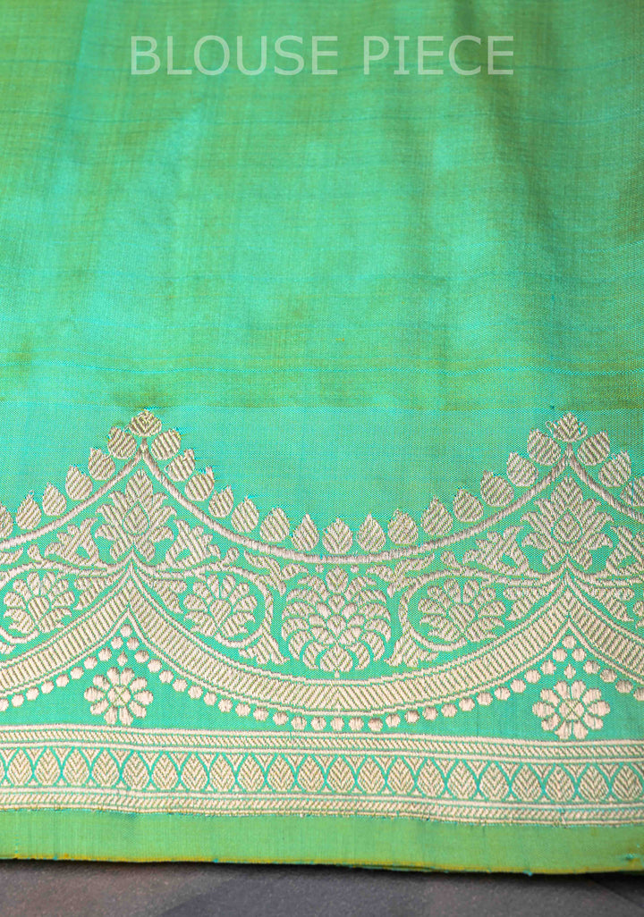 Sea Green Dual Tone Banarasi Katan Silk Saree with Meenakari Zari Buttas And Scalloped Zari Border | SILK MARK CERTIFIED