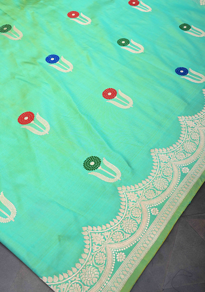 Sea Green Dual Tone Banarasi Katan Silk Saree with Meenakari Zari Buttas And Scalloped Zari Border | SILK MARK CERTIFIED