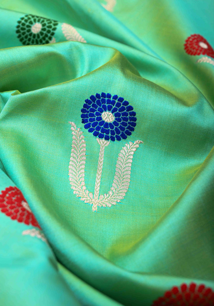 Sea Green Dual Tone Banarasi Katan Silk Saree with Meenakari Zari Buttas And Scalloped Zari Border | SILK MARK CERTIFIED