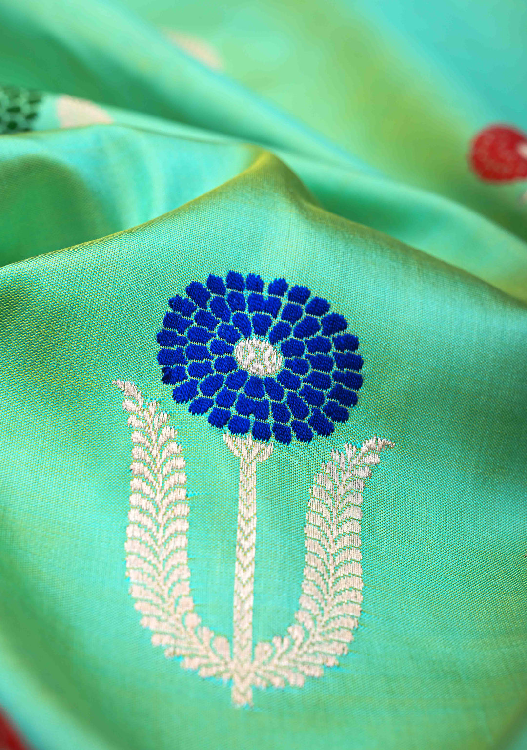 Sea Green Dual Tone Banarasi Katan Silk Saree with Meenakari Zari Buttas And Scalloped Zari Border | SILK MARK CERTIFIED