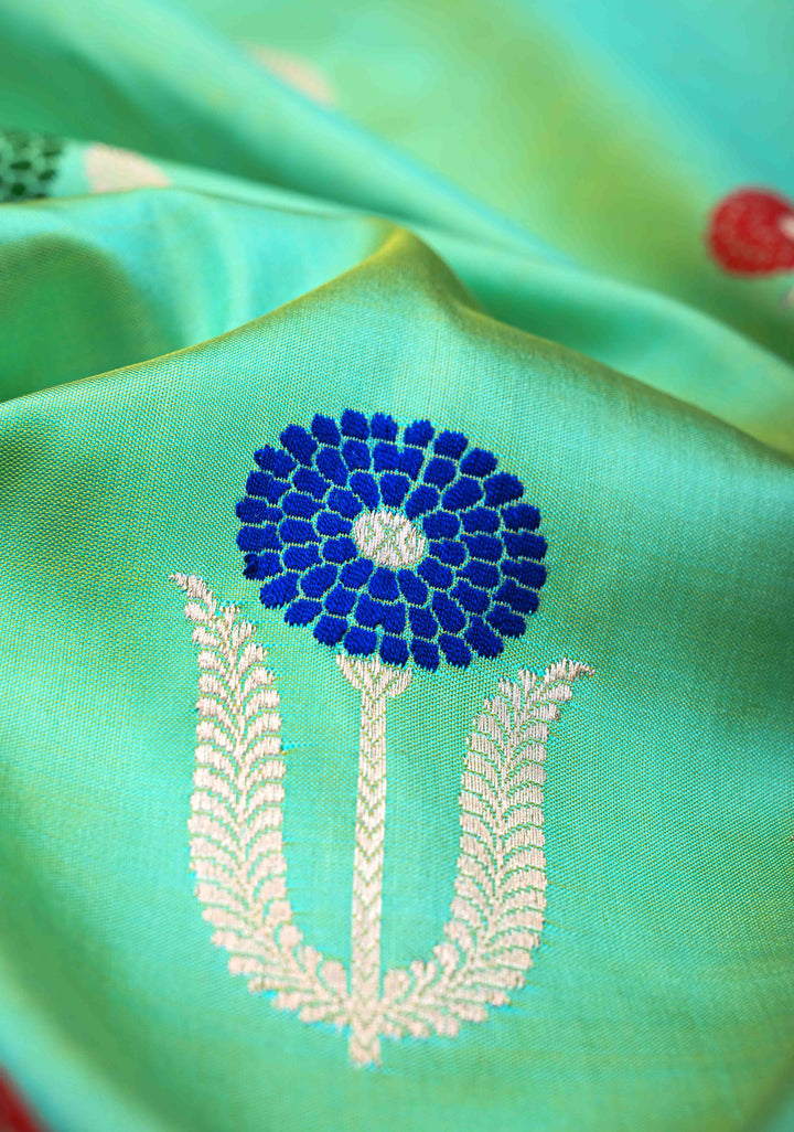 Sea Green Dual Tone Banarasi Katan Silk Saree with Meenakari Zari Buttas And Scalloped Zari Border | SILK MARK CERTIFIED