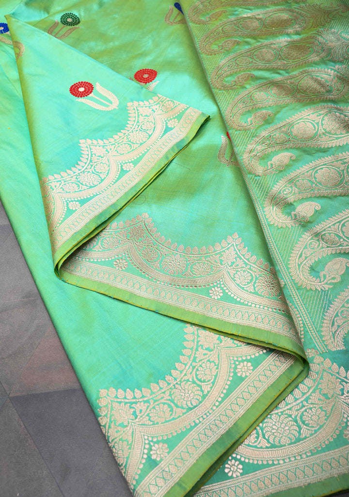 Sea Green Dual Tone Banarasi Katan Silk Saree with Meenakari Zari Buttas And Scalloped Zari Border | SILK MARK CERTIFIED