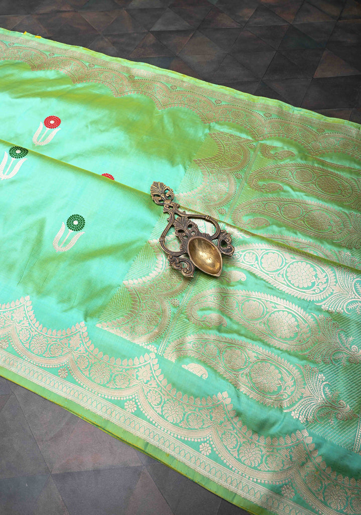 Sea Green Dual Tone Banarasi Katan Silk Saree with Meenakari Zari Buttas And Scalloped Zari Border | SILK MARK CERTIFIED