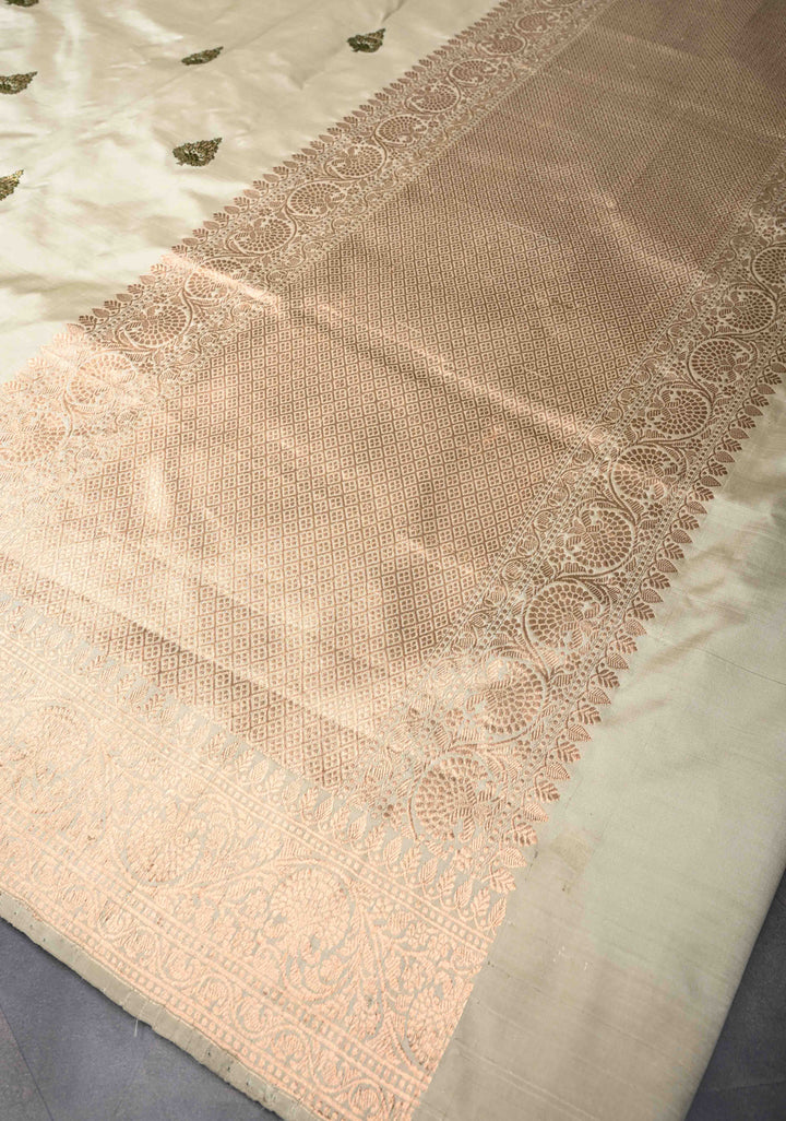 Light Sage Green Banarasi  Katan Silk Saree with Meenakari Zari Butta And Zari Border | SILK MARK CERTIFIED
