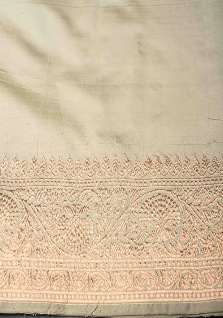 Light Sage Green Banarasi  Katan Silk Saree with Meenakari Zari Butta And Zari Border | SILK MARK CERTIFIED