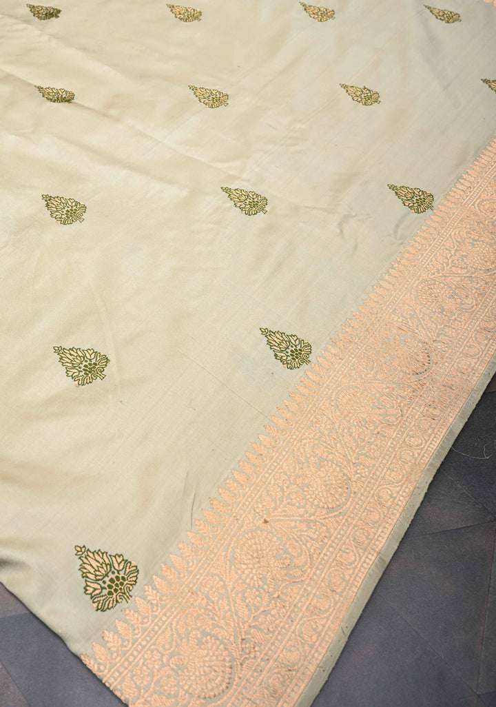 Light Sage Green Banarasi  Katan Silk Saree with Meenakari Zari Butta And Zari Border | SILK MARK CERTIFIED