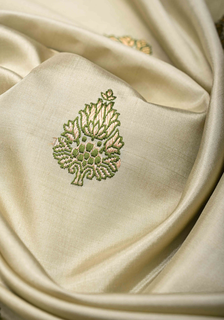 Light Sage Green Banarasi  Katan Silk Saree with Meenakari Zari Butta And Zari Border | SILK MARK CERTIFIED