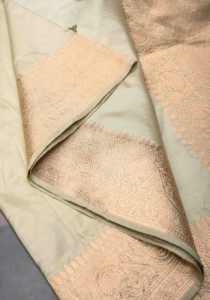 Light Sage Green Banarasi  Katan Silk Saree with Meenakari Zari Butta And Zari Border | SILK MARK CERTIFIED