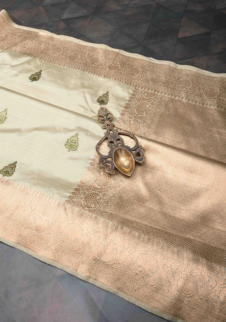 Light Sage Green Banarasi  Katan Silk Saree with Meenakari Zari Butta And Zari Border | SILK MARK CERTIFIED