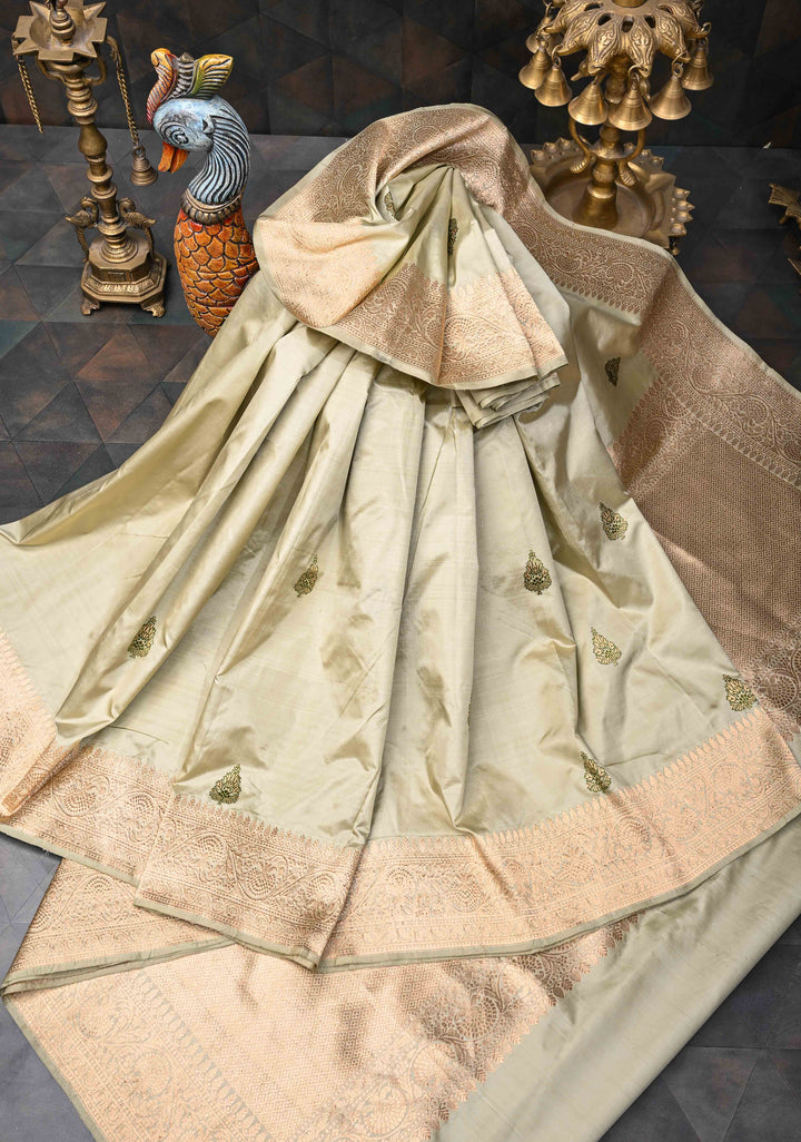 Light Sage Green Banarasi  Katan Silk Saree with Meenakari Zari Butta And Zari Border | SILK MARK CERTIFIED