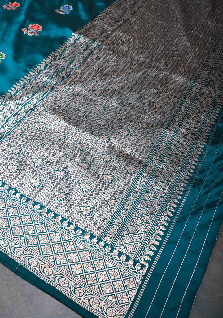Peacock Blue Banarasi Katan Silk Saree with Meenakari Zari Butta and Zari  Border | SILK MARK CERTIFIED
