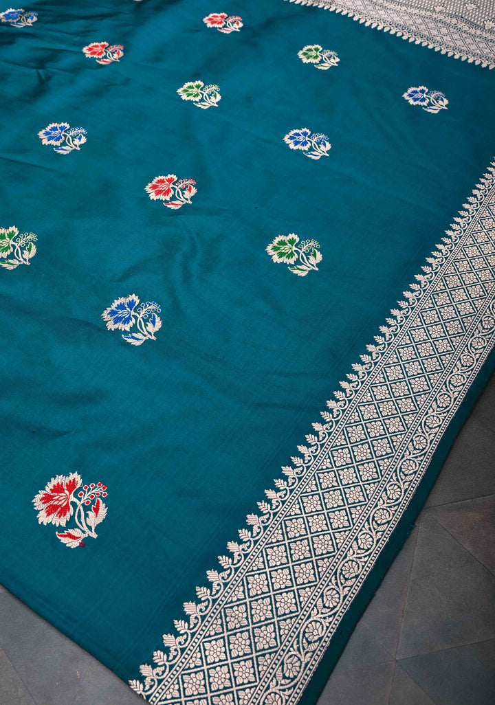 Peacock Blue Banarasi Katan Silk Saree with Meenakari Zari Butta and Zari  Border | SILK MARK CERTIFIED