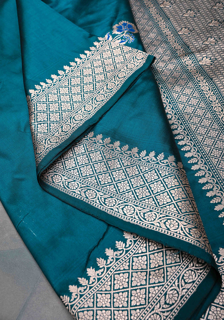 Peacock Blue Banarasi Katan Silk Saree with Meenakari Zari Butta and Zari  Border | SILK MARK CERTIFIED