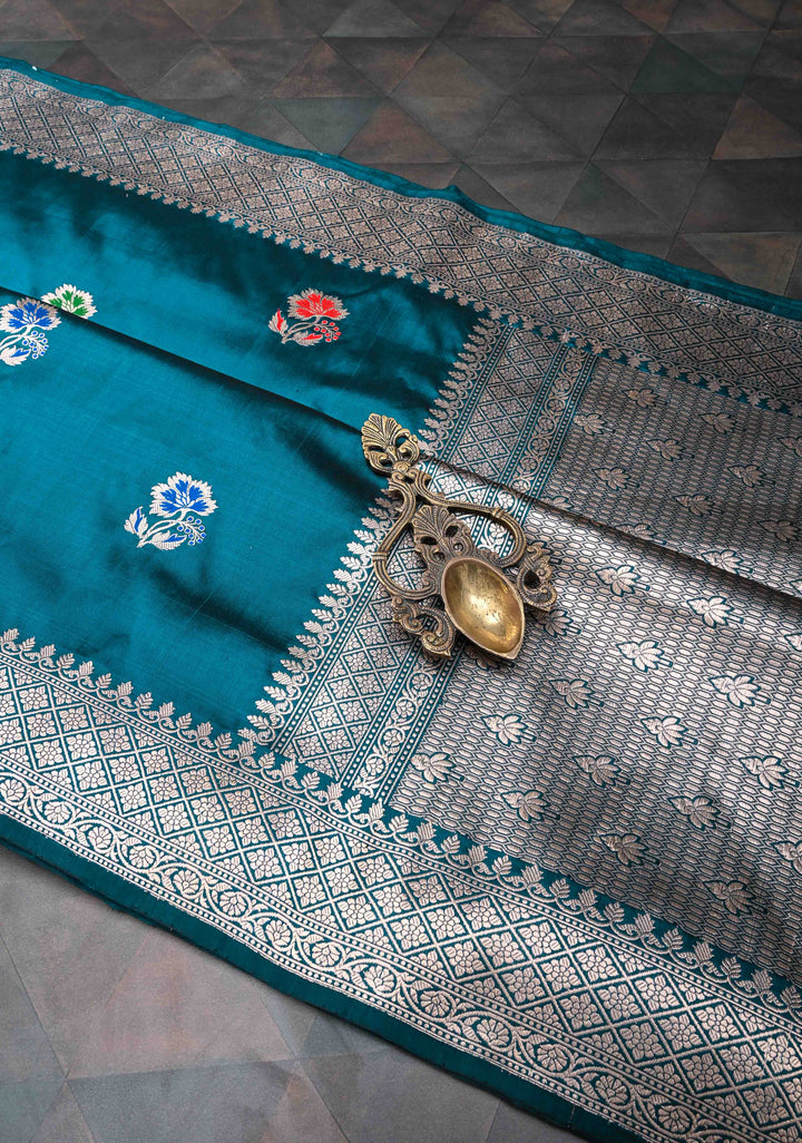Peacock Blue Banarasi Katan Silk Saree with Meenakari Zari Butta and Zari  Border | SILK MARK CERTIFIED