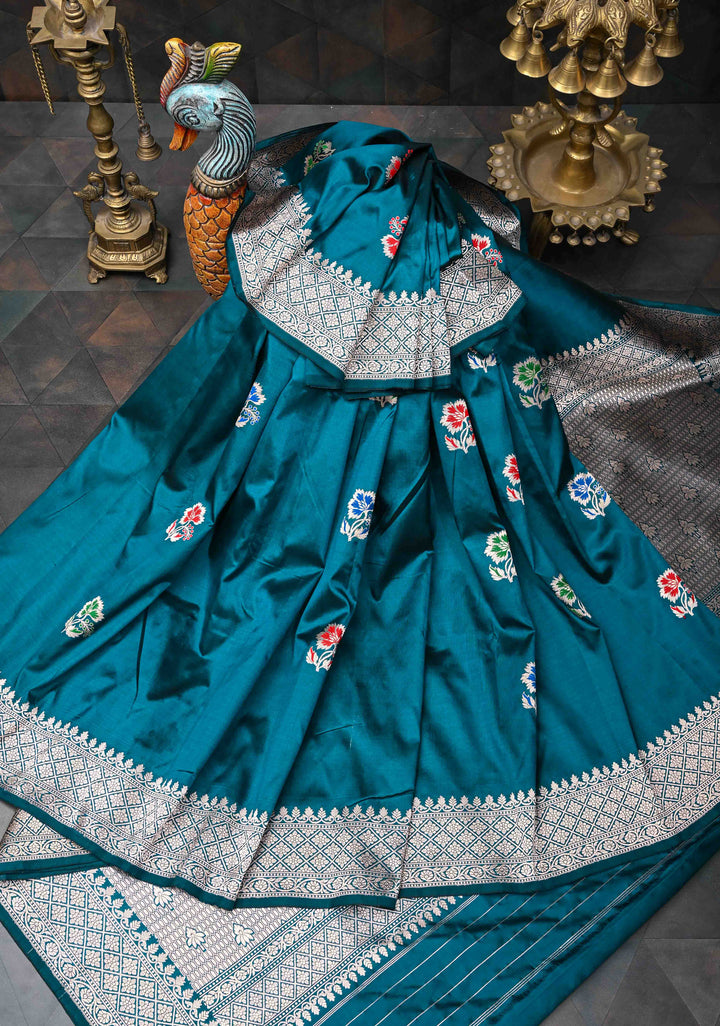 Peacock Blue Banarasi Katan Silk Saree with Meenakari Zari Butta and Zari  Border | SILK MARK CERTIFIED
