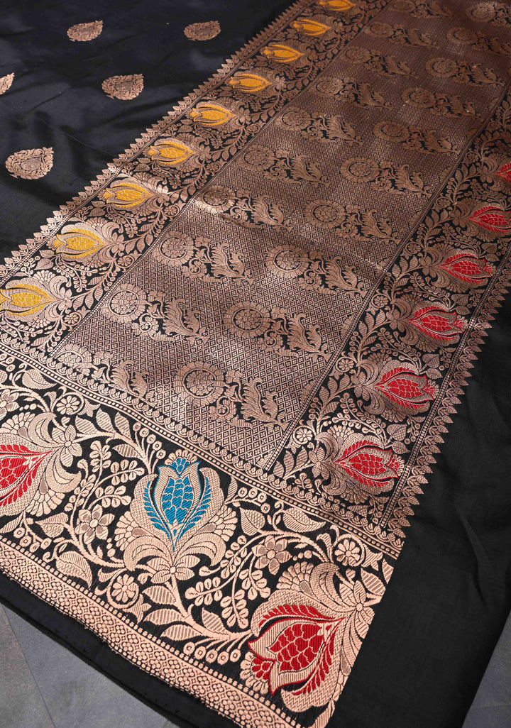 Black Banarasi Katan Silk Saree with Floral Butta And Meenakari Zari  Border | SILK MARK CERTIFIED