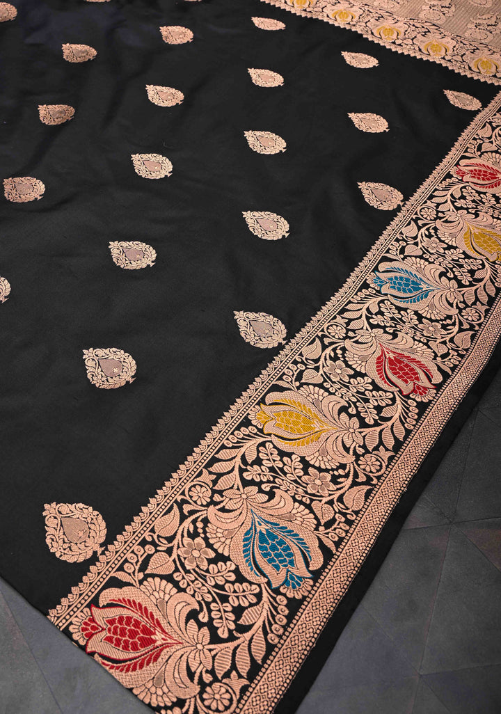 Black Banarasi Katan Silk Saree with Floral Butta And Meenakari Zari  Border | SILK MARK CERTIFIED