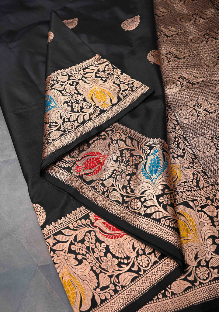 Black Banarasi Katan Silk Saree with Floral Butta And Meenakari Zari  Border | SILK MARK CERTIFIED