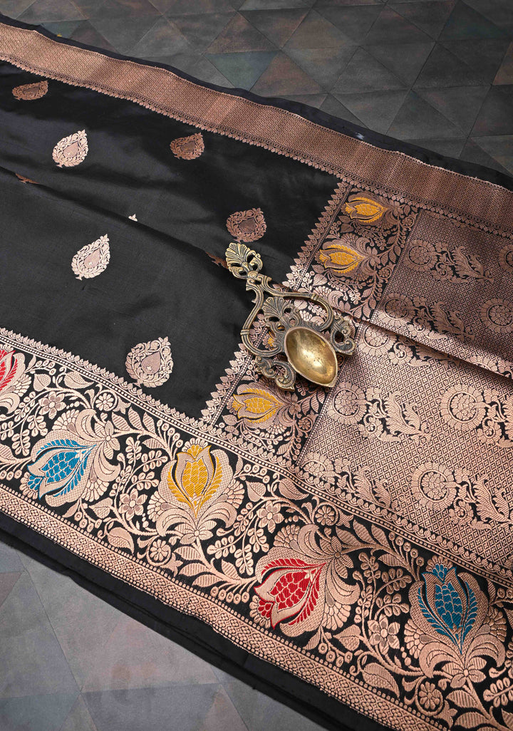 Black Banarasi Katan Silk Saree with Floral Butta And Meenakari Zari  Border | SILK MARK CERTIFIED