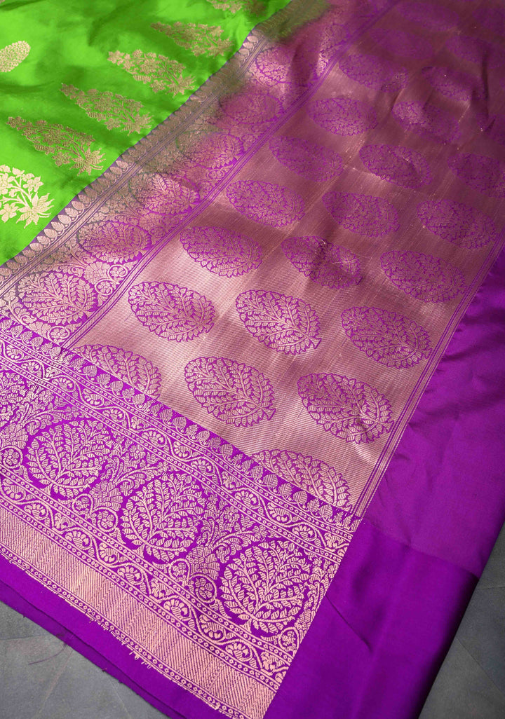 Parrot Green Banarasi Katan Silk Saree with Zari Buttas and Contrast Zari Border | SILK MARK CERTIFIED