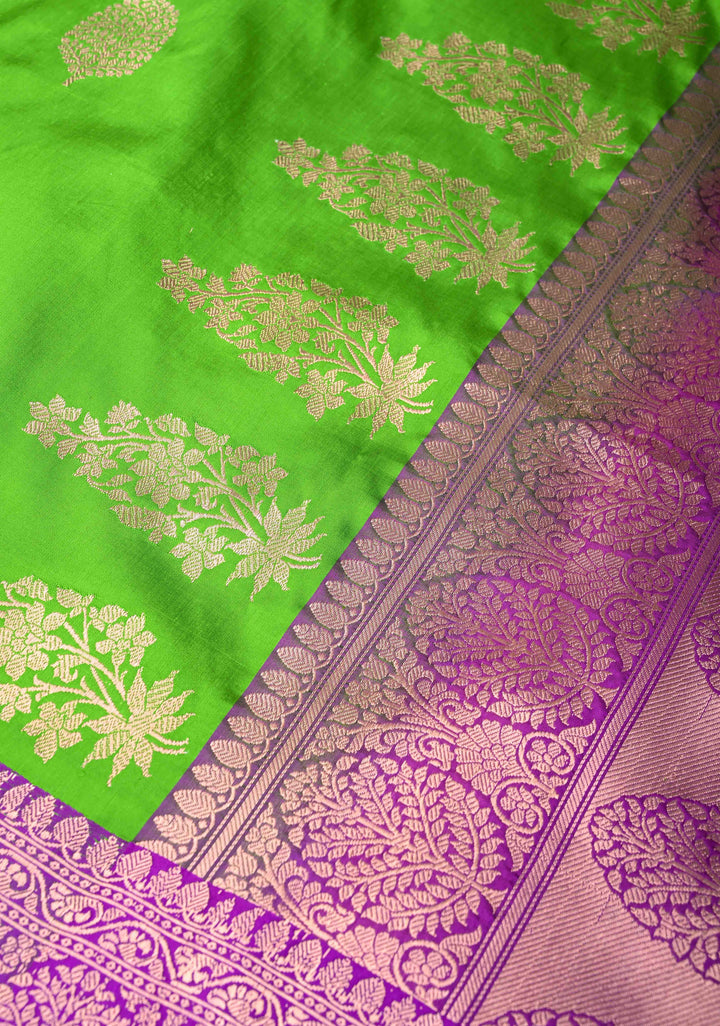 Parrot Green Banarasi Katan Silk Saree with Zari Buttas and Contrast Zari Border | SILK MARK CERTIFIED