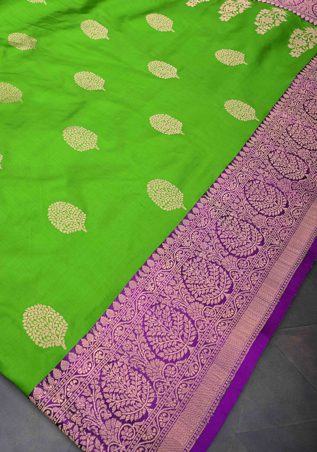 Parrot Green Banarasi Katan Silk Saree with Zari Buttas and Contrast Zari Border | SILK MARK CERTIFIED