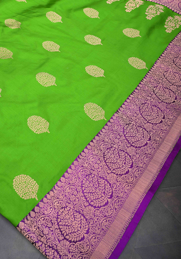 Parrot Green Banarasi Katan Silk Saree with Zari Buttas and Contrast Zari Border | SILK MARK CERTIFIED