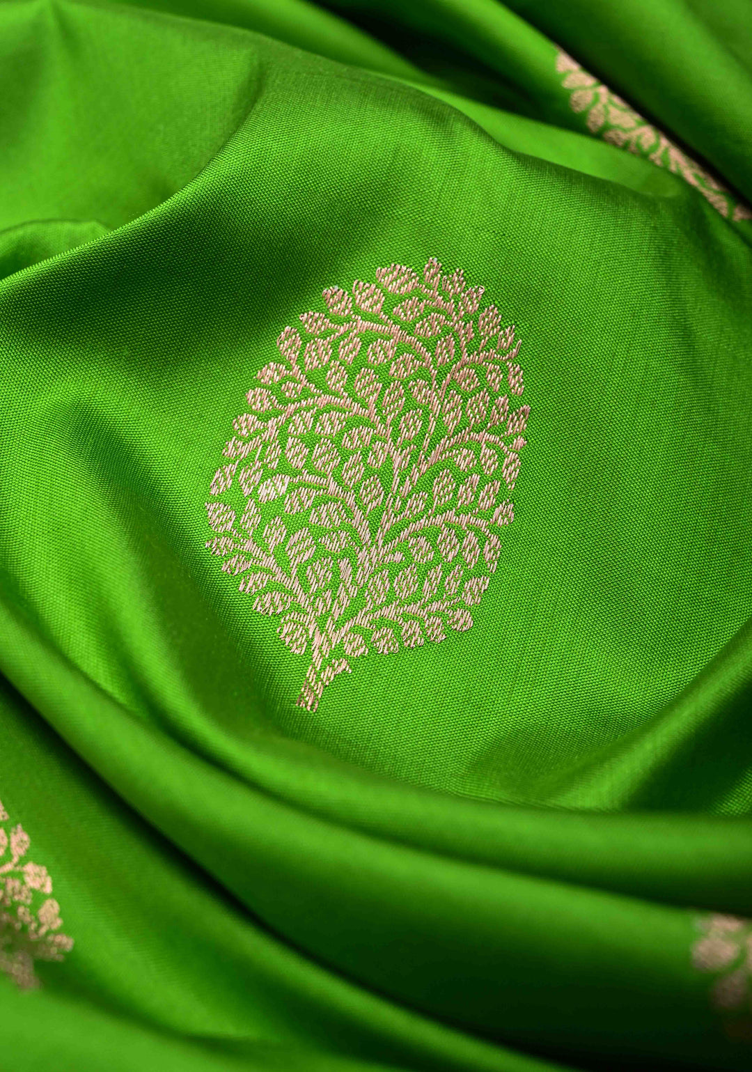 Parrot Green Banarasi Katan Silk Saree with Zari Buttas and Contrast Zari Border | SILK MARK CERTIFIED