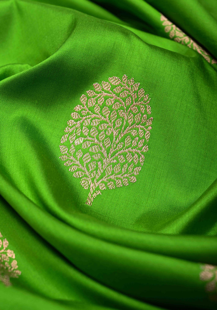 Parrot Green Banarasi Katan Silk Saree with Zari Buttas and Contrast Zari Border | SILK MARK CERTIFIED