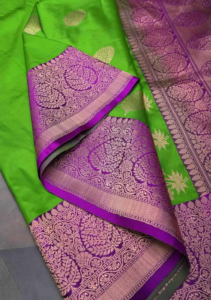 Parrot Green Banarasi Katan Silk Saree with Zari Buttas and Contrast Zari Border | SILK MARK CERTIFIED