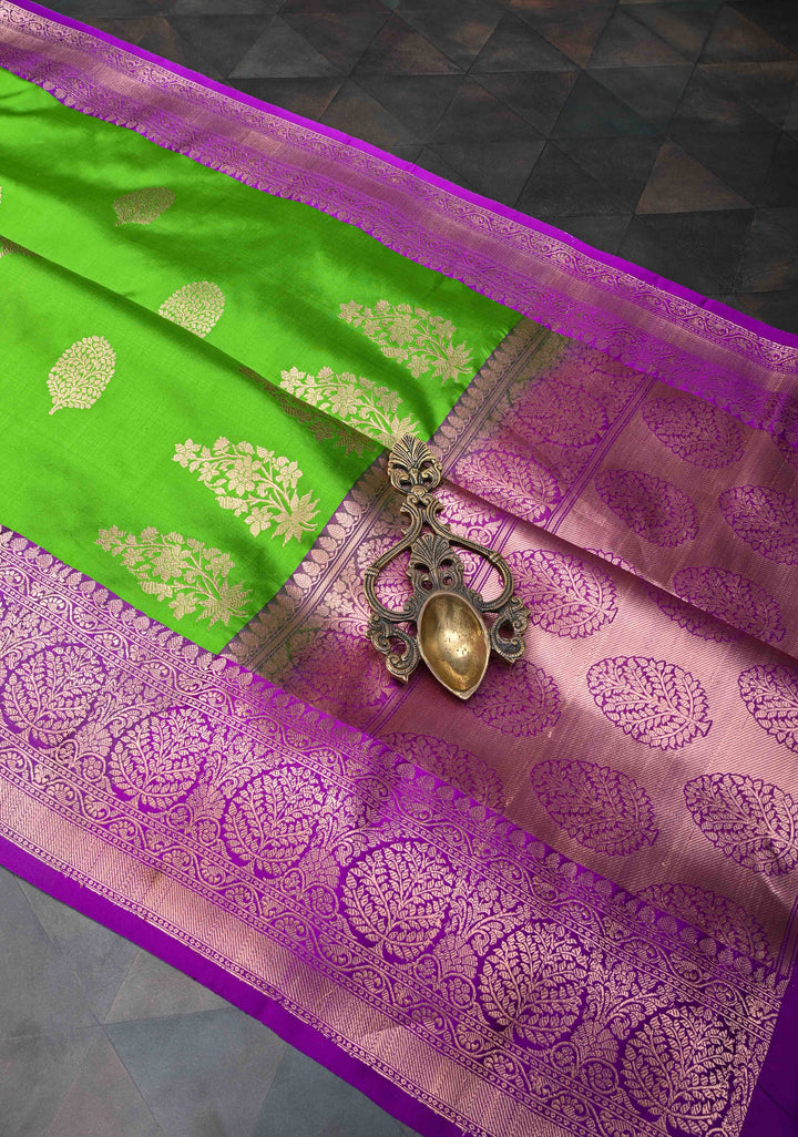 Parrot Green Banarasi Katan Silk Saree with Zari Buttas and Contrast Zari Border | SILK MARK CERTIFIED