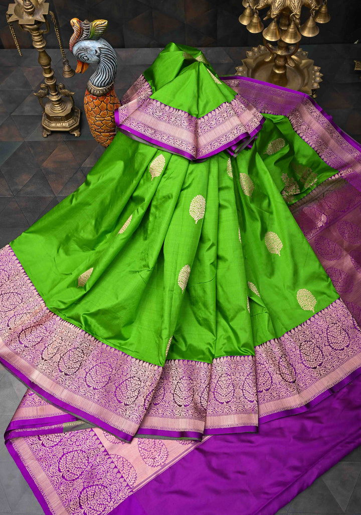 Parrot Green Banarasi Katan Silk Saree with Zari Buttas and Contrast Zari Border | SILK MARK CERTIFIED