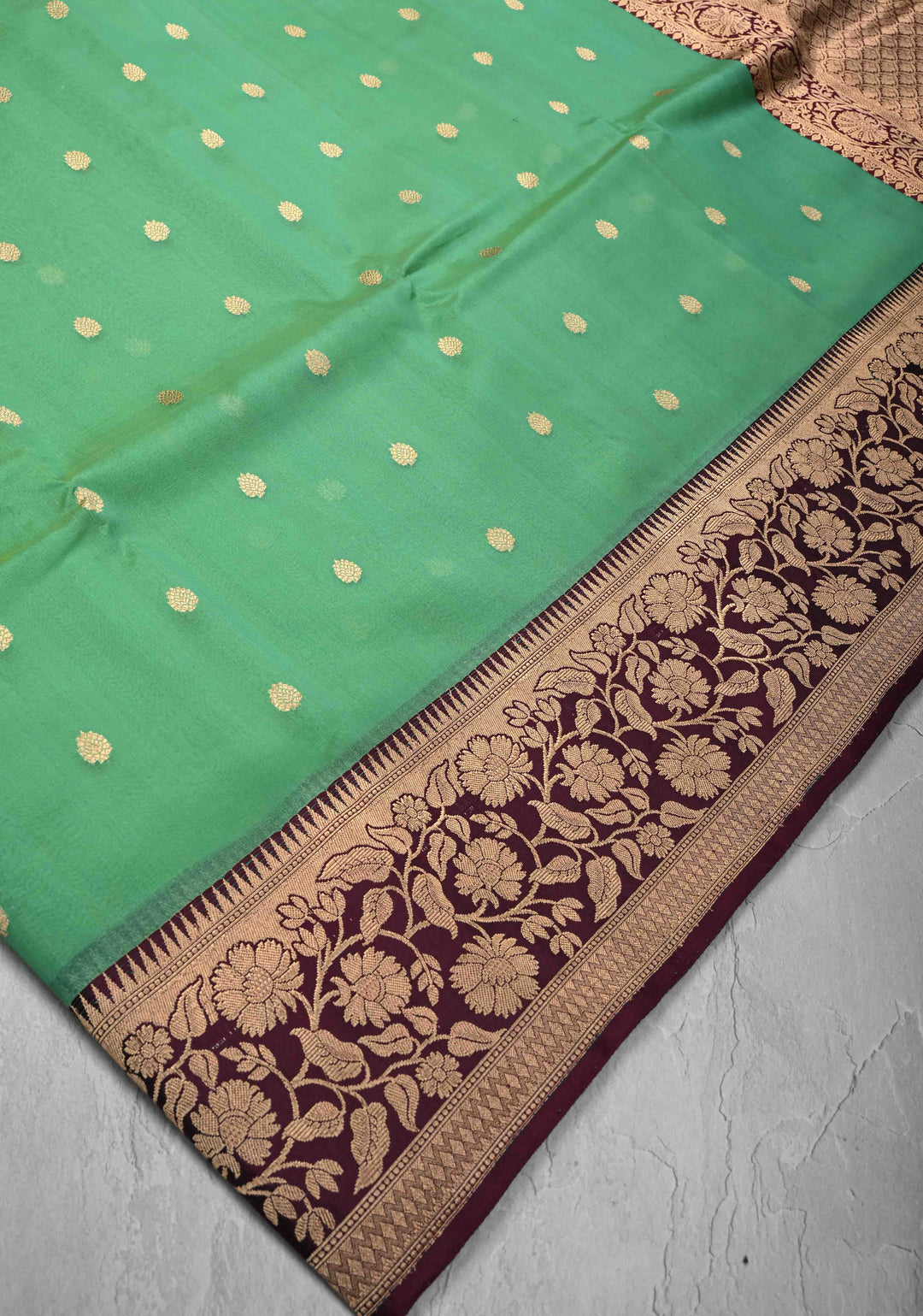 Green Dual Tone Pure Banarasi Kora Silk Saree with Zari Buttas and Contrast Zari Border | SILK MARK CERTIFIED