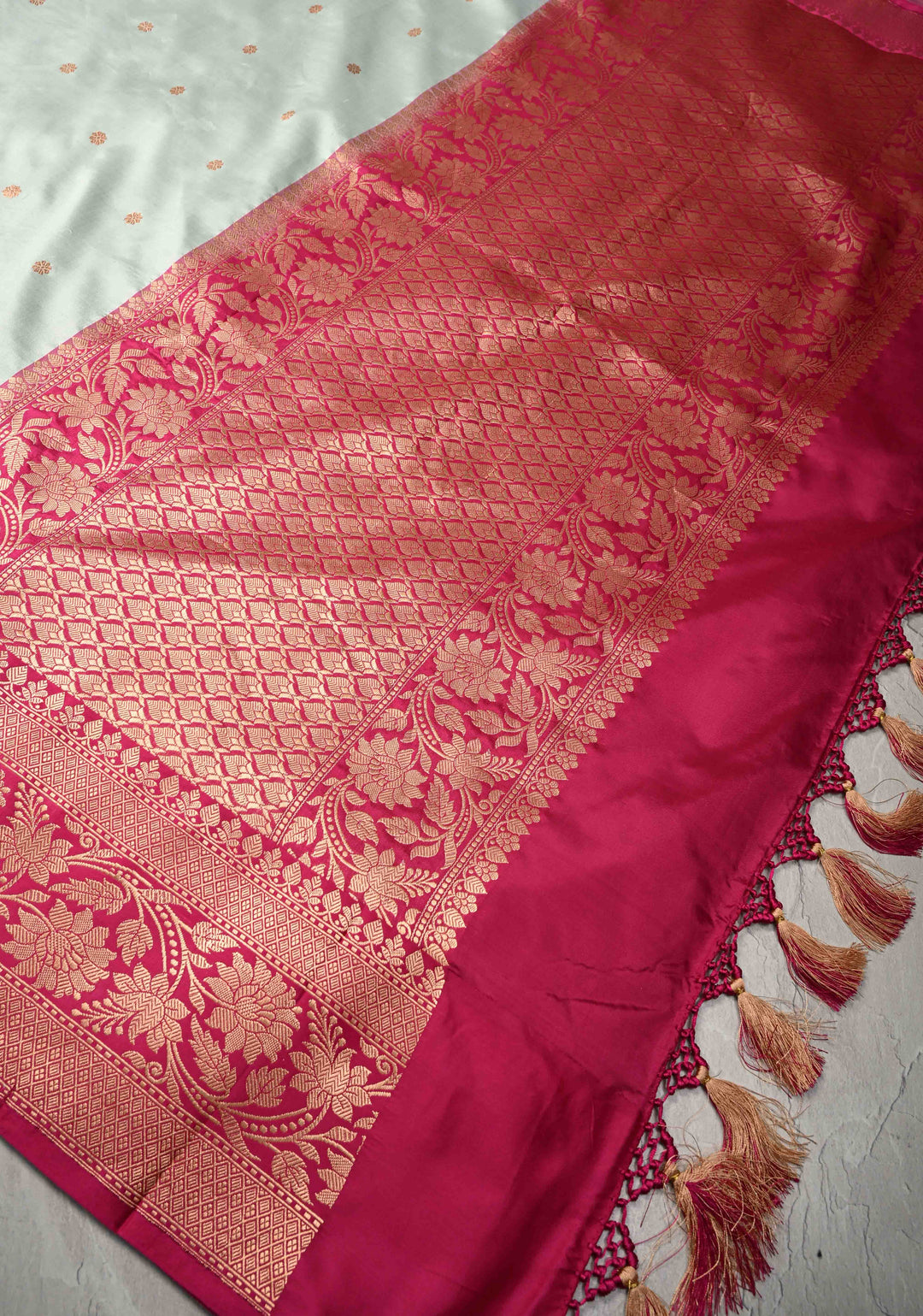 Sea Green Banarasi Katan Silk Saree with Floral Brocade and Contrast Zari Border | SILK MARK CERTIFIED