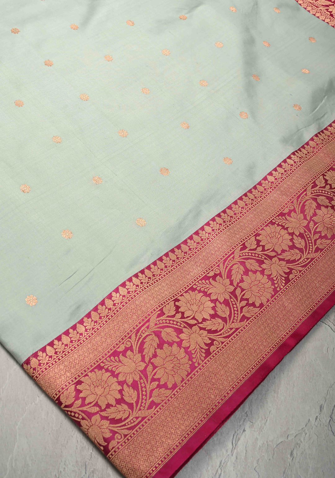Sea Green Banarasi Katan Silk Saree with Floral Brocade and Contrast Zari Border | SILK MARK CERTIFIED