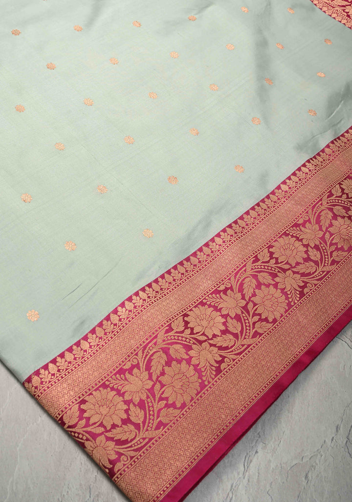 Sea Green Banarasi Katan Silk Saree with Floral Brocade and Contrast Zari Border | SILK MARK CERTIFIED