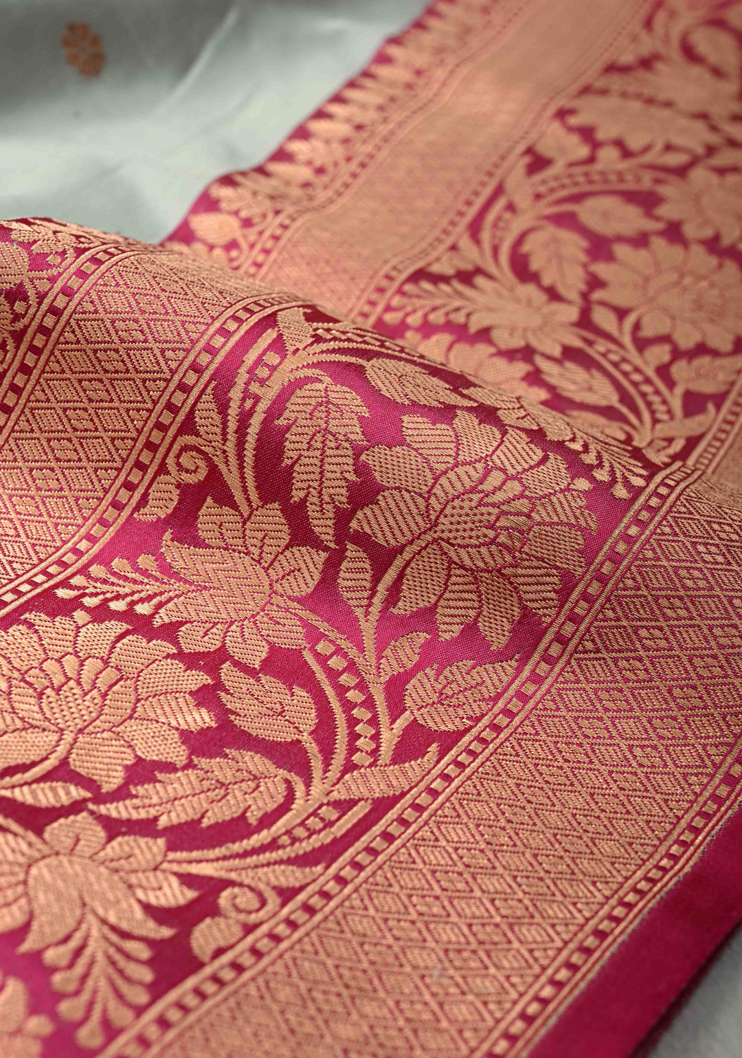 Sea Green Banarasi Katan Silk Saree with Floral Brocade and Contrast Zari Border | SILK MARK CERTIFIED