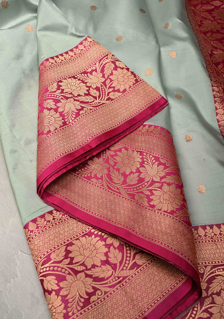 Sea Green Banarasi Katan Silk Saree with Floral Brocade and Contrast Zari Border | SILK MARK CERTIFIED