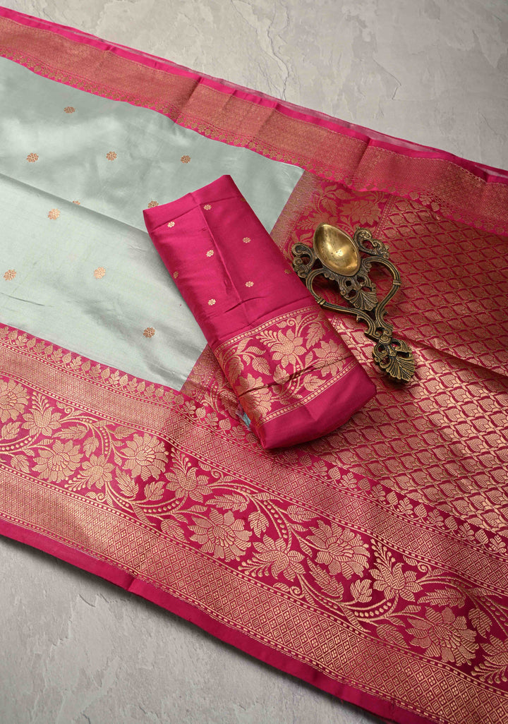 Sea Green Banarasi Katan Silk Saree with Floral Brocade and Contrast Zari Border | SILK MARK CERTIFIED