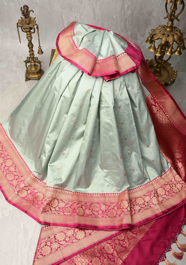 Sea Green Banarasi Katan Silk Saree with Floral Brocade and Contrast Zari Border | SILK MARK CERTIFIED
