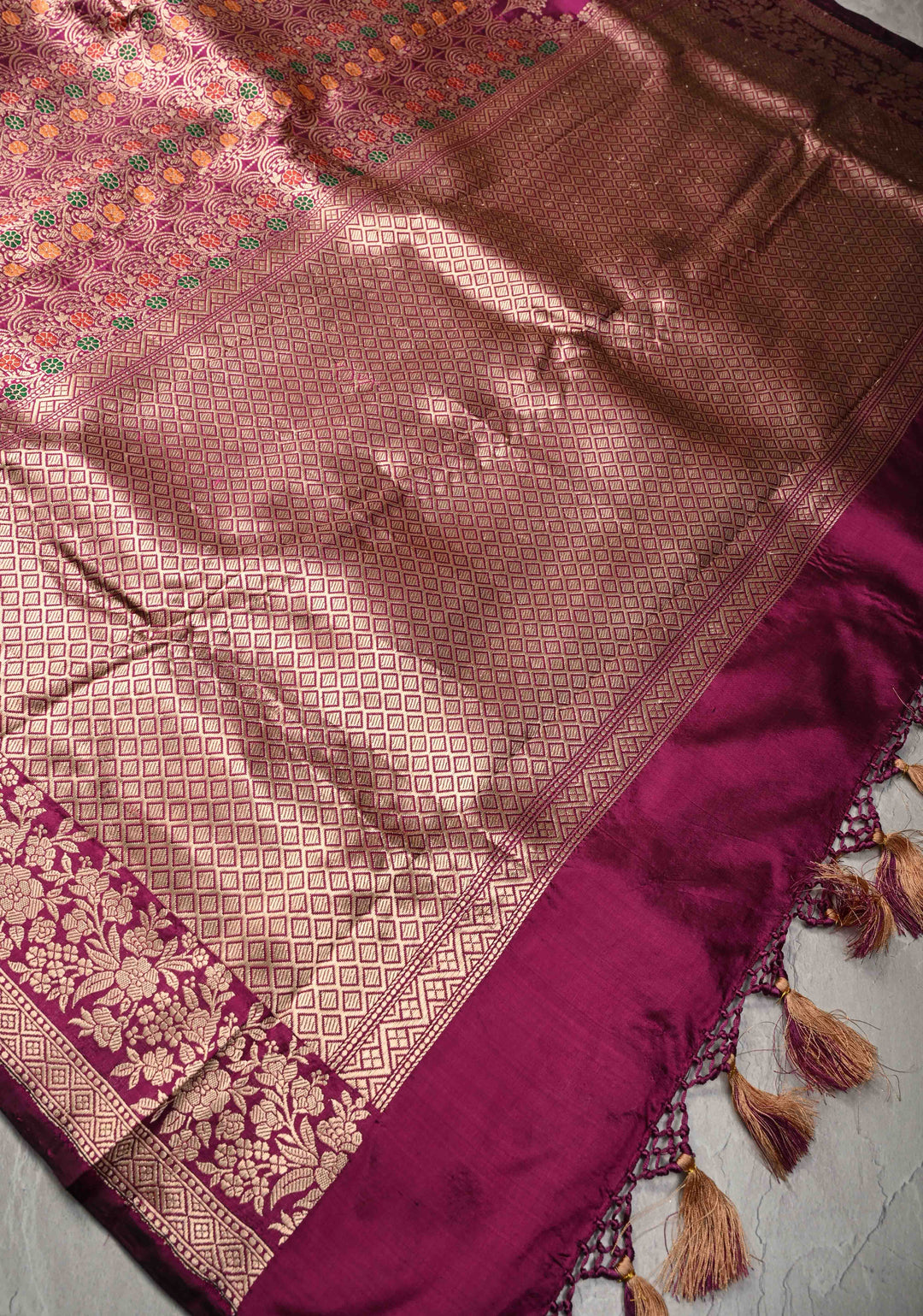 Stunning Magenta Banarasi Katan Silk Saree with Meenakari Floral Brocade And Zari Border | SILK MARK CERTIFIED